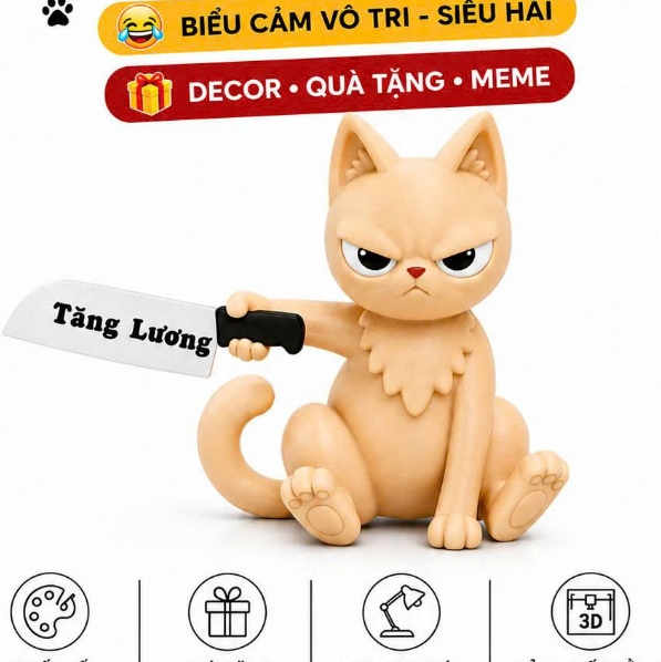 Mô Hình Mèo Meme Cầm Dao In 3D – Mèo Vô Tri Trang Trí Bàn Học, Quà Tặng Hài Hước TiTi3D