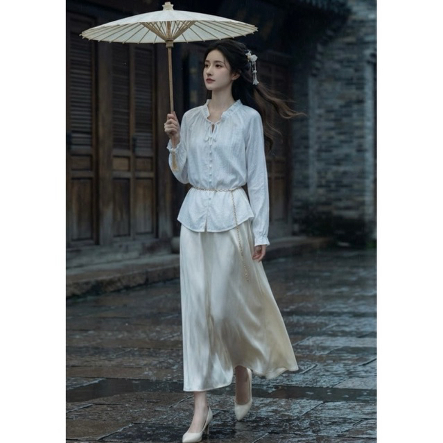 Áo sơ mi đũi lụa dài tay màu trắng của Mỹ- 2 Hand (Size M).American white long-sleeved silk linen sh