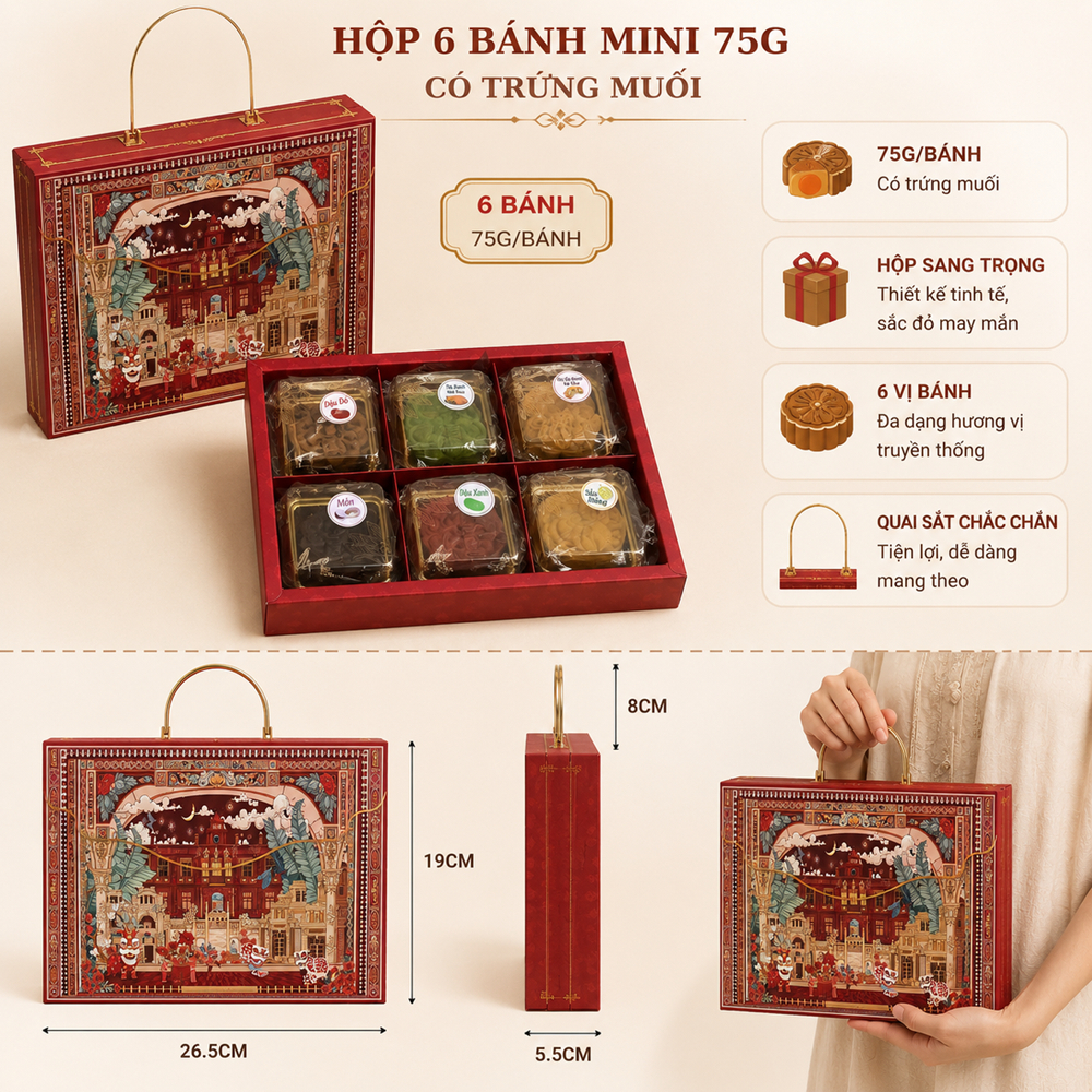 CÓ SHIP TỈNH & HCM - Set Bánh Trung Thu Mini 6 Vị 75g CÓ TRỨNG Kèm Hộp Tặng Sang Trọng