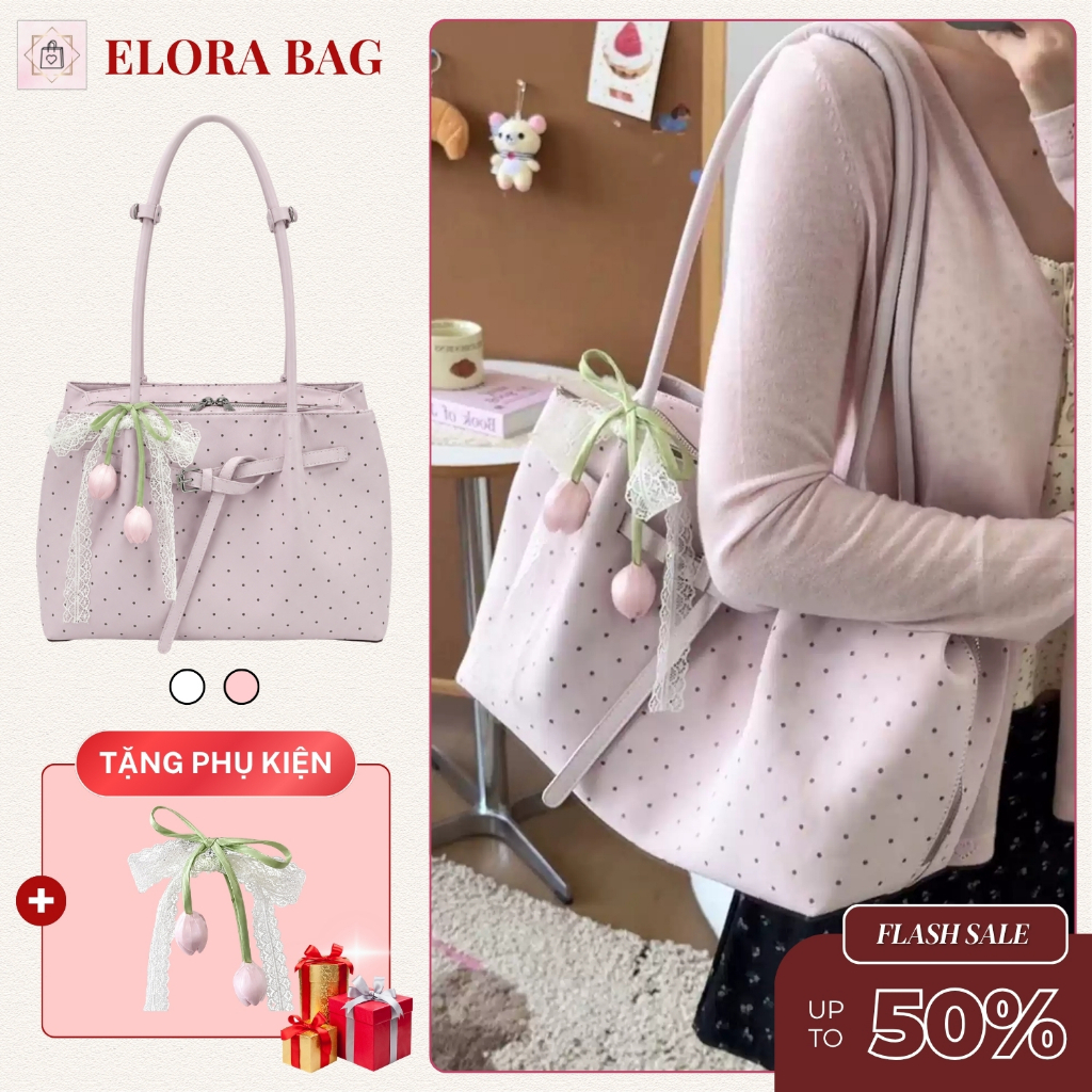𝐂𝐓𝟎𝟑𝟎 - Túi tote nữ đeo vai 1 ngăn chấm bi màu pastel tặng charm hoa ren, túi xách nữ cài cúc không khóa đựng a4