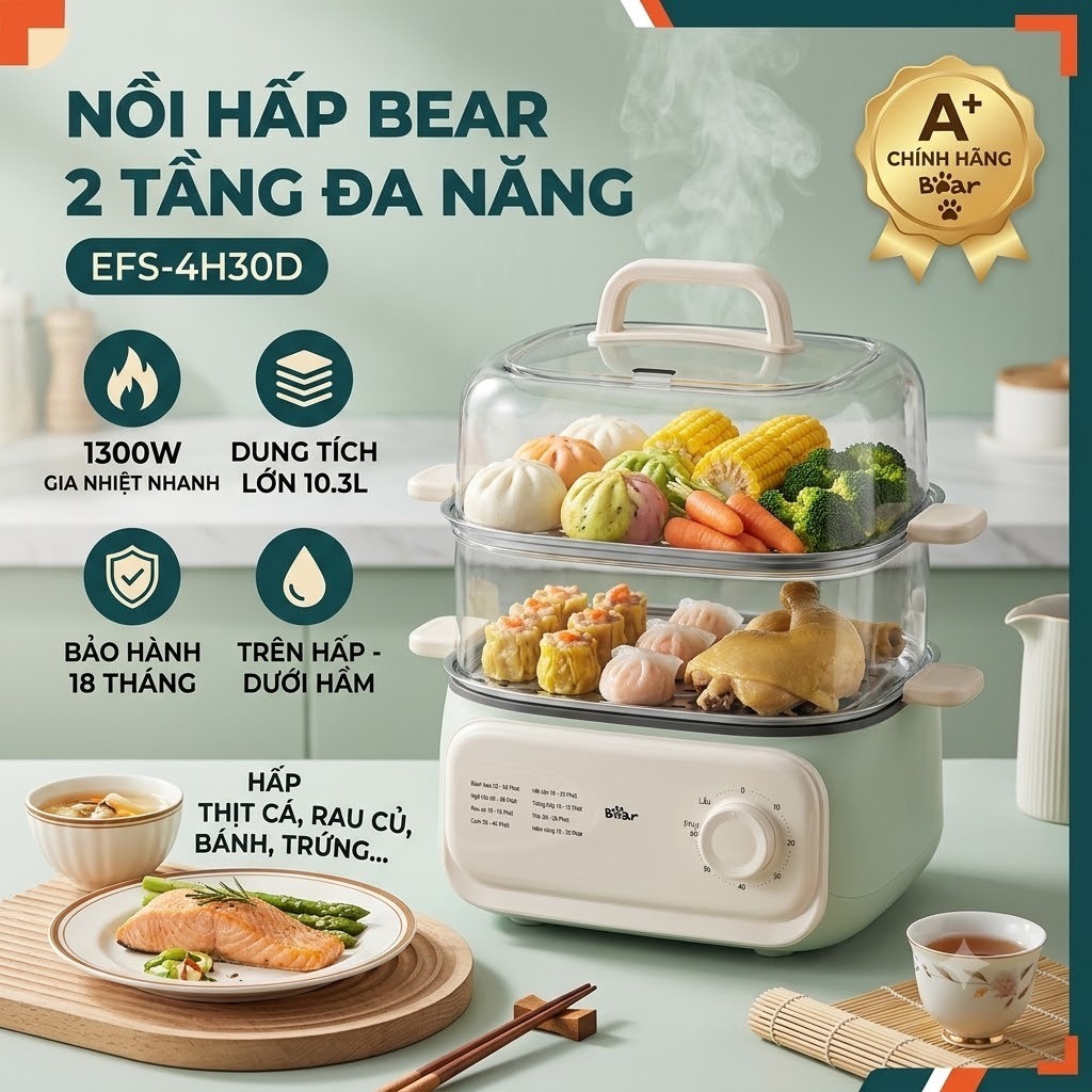 Nồi Hấp Bear EFS-4H30D 10.3L 1300W 3 Tầng Khay Inox – Hấp Hầm Đa Năng, Hẹn Giờ 60 Phút