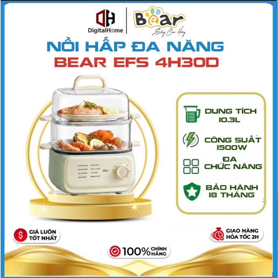 Nồi Hấp Điện Đa Năng Bear EFS-4H30D, Dung Tích 10.3L, Công Suất 1500W, Bảo Hành Chính Hãng 18 Tháng