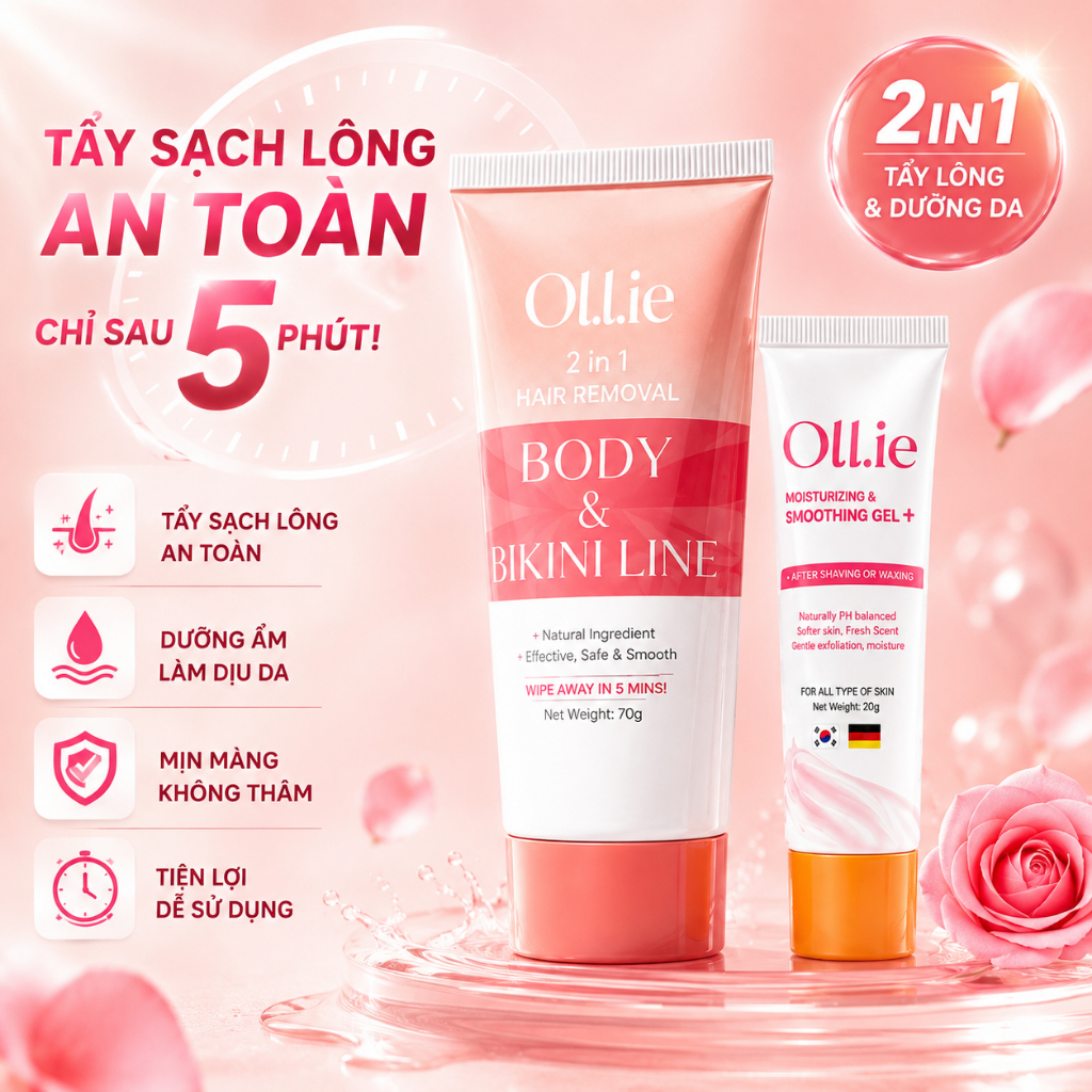 Combo kem tẩy lông và kem dưỡng Ollie tẩy vùng kín, nách, tay, chân , an toàn không đau rát,dưỡng da
