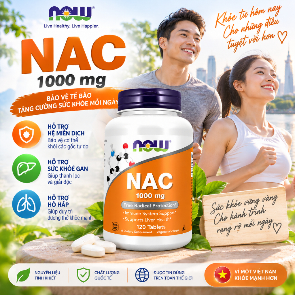 【Nhập khẩu từ Mỹ】Viên uống NOW Foods NAC 1000mg N-Acetyl Cysteine 120 Viên
