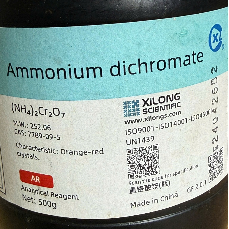 Ammonium dichromate (NH4)2Cr2O7, dùng thí nghiệm lượng nhỏ và giáo dục, có COA, SDS