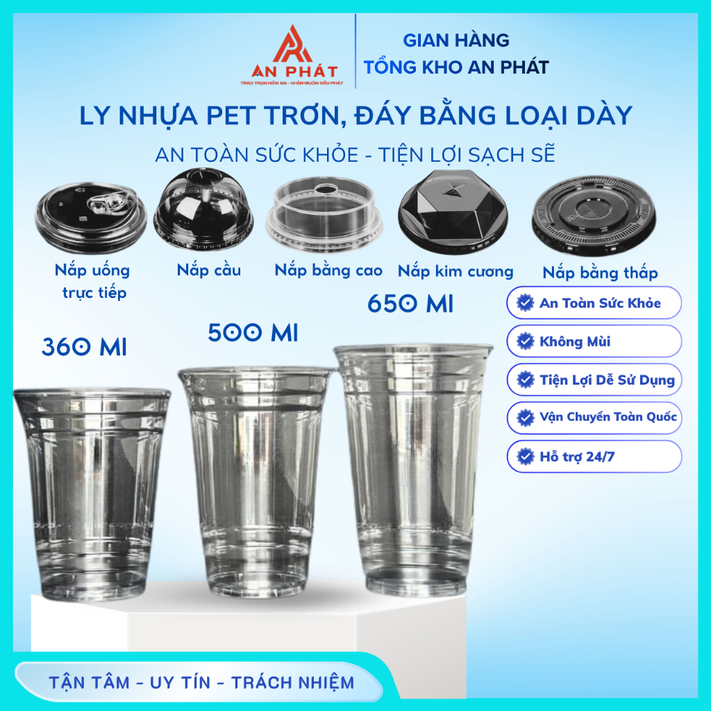 Combo 50 Ly Nhựa PET Trong Suốt Đáy Bằng Dày Dặn 360ml 500ml 650ml 700ml Đựng Cà Phê Trà Sữa Sinh Tố