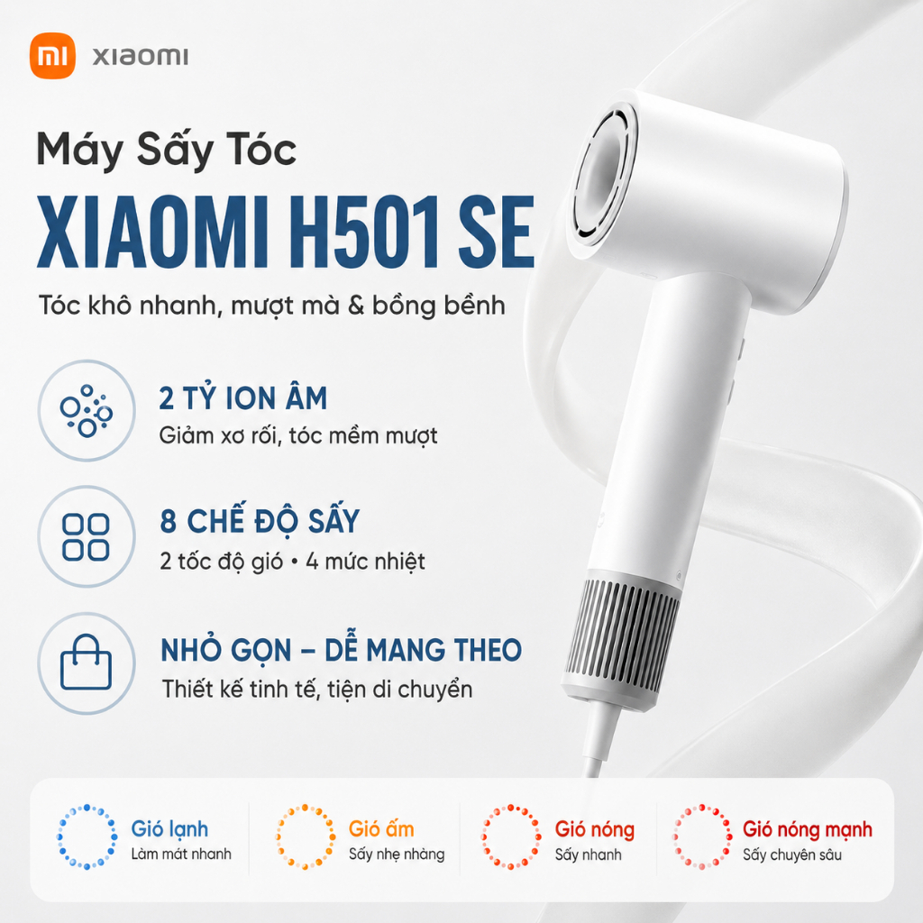 Máy Sấy Tóc Xiaomi H501 SE: Động Cơ 110.000 Vòng/Phút, Gió 62m/s, 2 Tỷ Ion Âm, Nặng Chỉ 338g, 8 Chế 