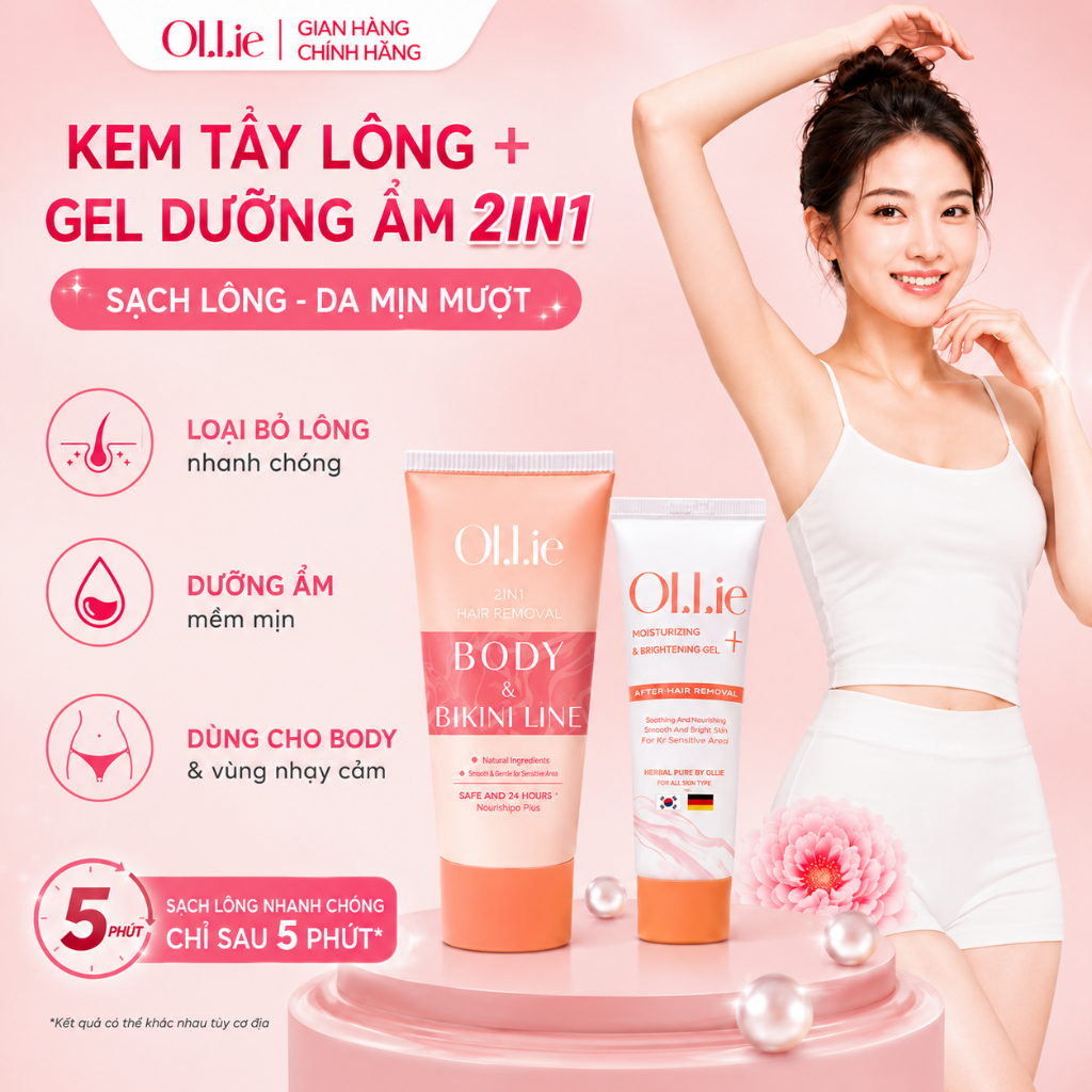 Bộ Đôi Ollie Triệt Lông & Dưỡng Da - Kem Tẩy Lông Vùng Kín, Tay Chân, Nách - An Toàn, Dịu Nhẹ, Da Mị