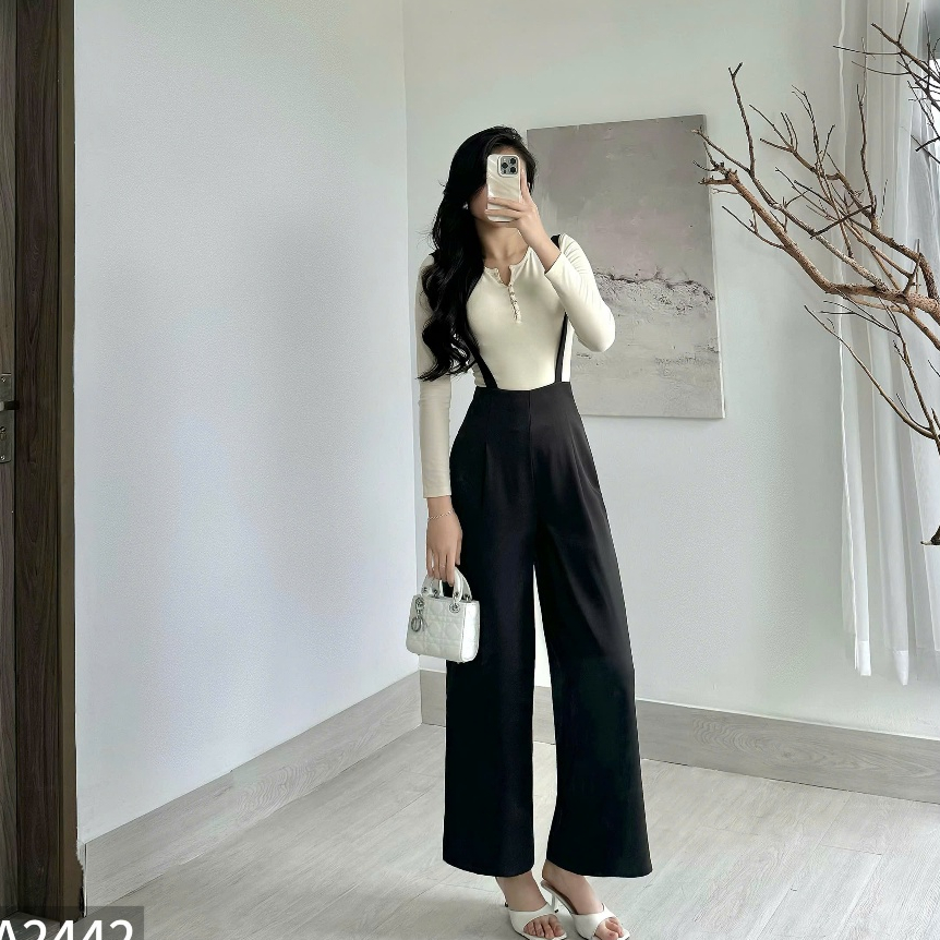 Set áo thun + quần yếm cạp cao A2442
