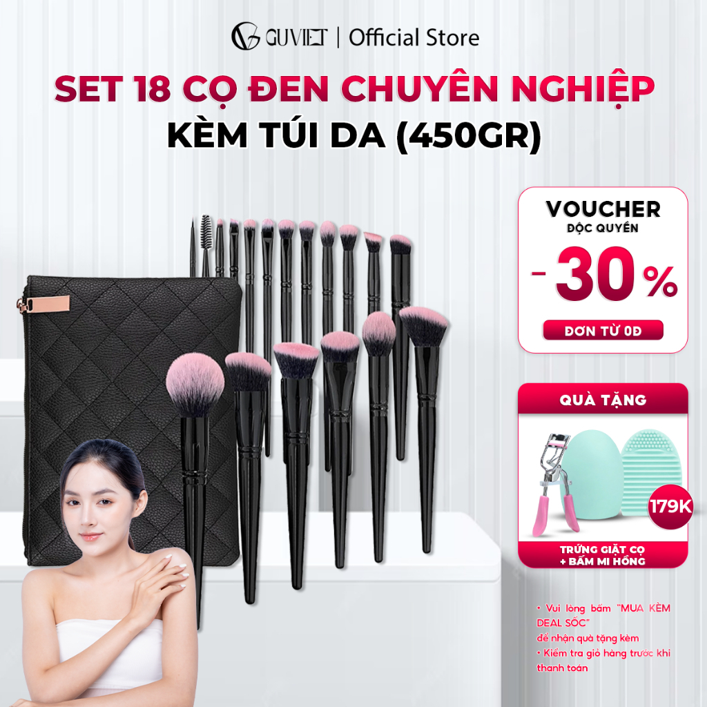 Bộ cọ trang điểm cá nhân và chuyên nghiệp GUVIET màu đen gồm 18 cọ đi kèm túi da