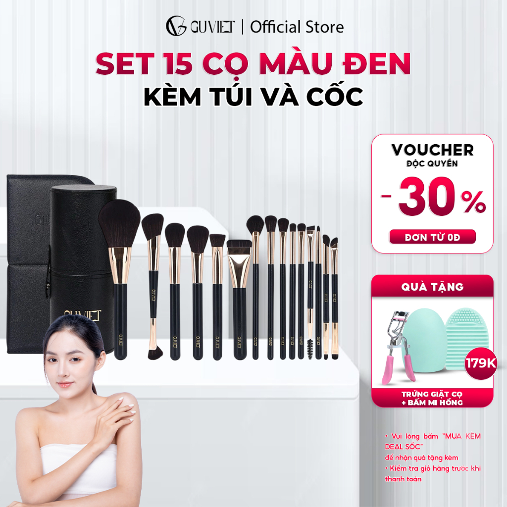 Bộ cọ trang điểm cá nhân GUVIET phiên bản nâng cấp gồm 15 cây cọ màu đen kèm theo túi đựng hoặc ống 