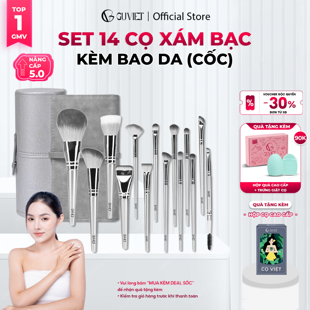 [KOL1] Set 14 Cọ Trang Điểm GUVIET Xám Bạc kèm túi (cốc) tặng trứng giặt cọ 350g