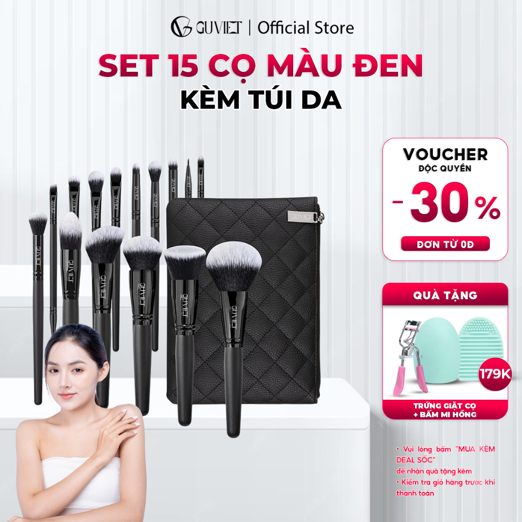 Bộ cọ trang điểm cá nhân GUVIET gồm 15 cọ màu đen kèm theo túi da đựng cọ