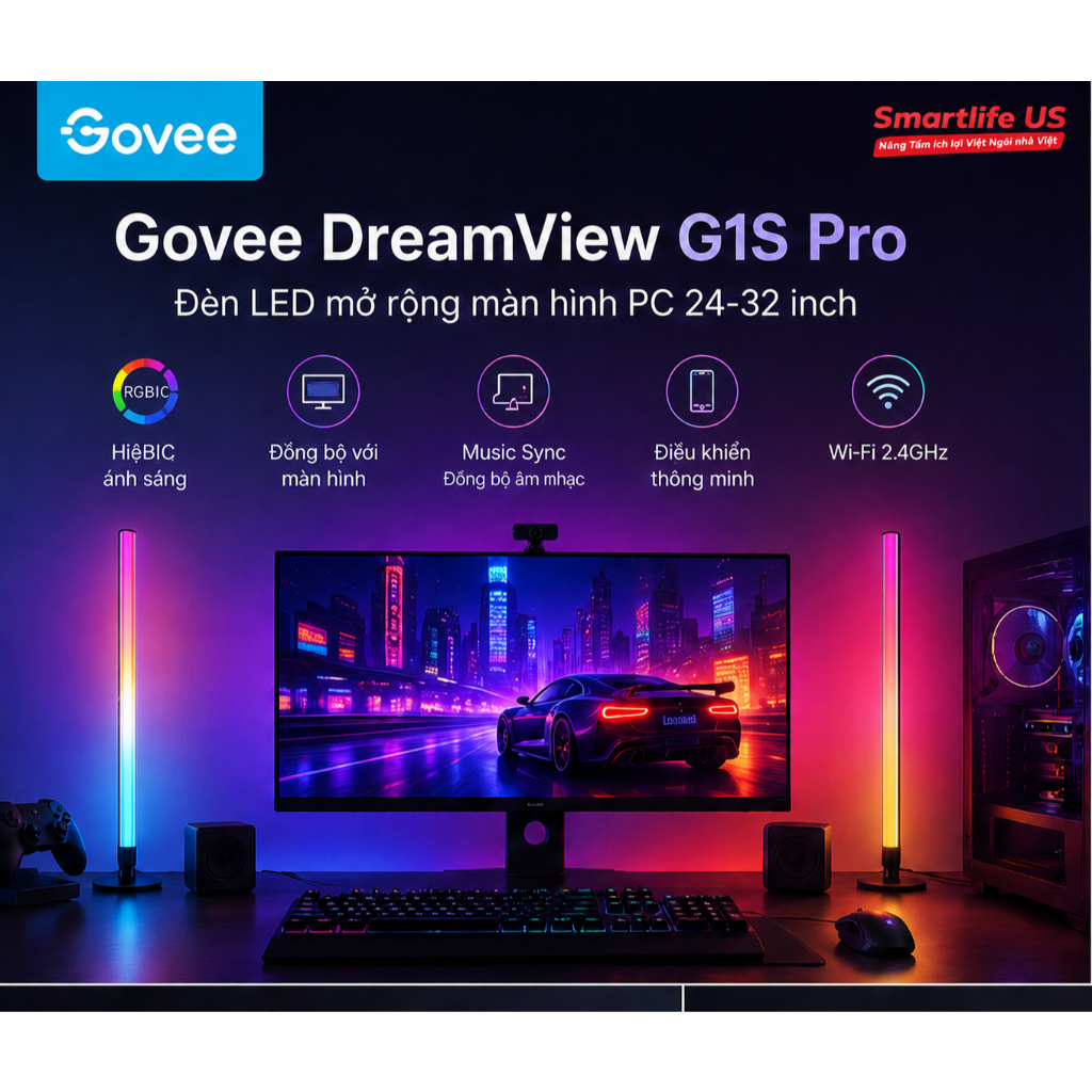 Đèn LED Mở Rộng Màn Hình PC 24-32" Govee DreamView G1S Pro Gaming,Biến góc máy tính thành không gian
