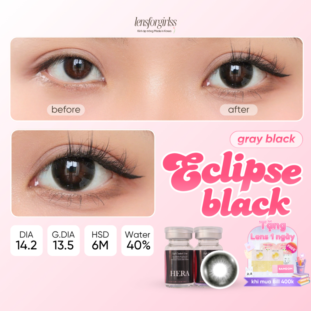 Kính áp tròng 6 tháng GIÃN TRÒNG LENSFORGIRLSS lens đen tự nhiên HERA ECLIPSE GRAY BLACK