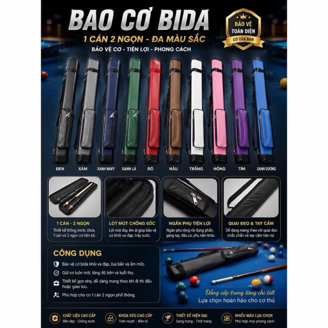 Bao đựng cơ bida 1 cán 2 ngọn (1x2) Sport Gậy Bida