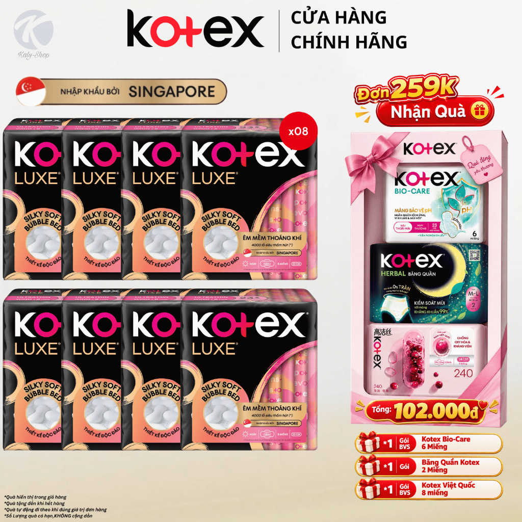 Băng vệ sinh Kotex Luxe ban ngày mỏng nhẹ – Êm mềm cao cấp | Combo 8 gói