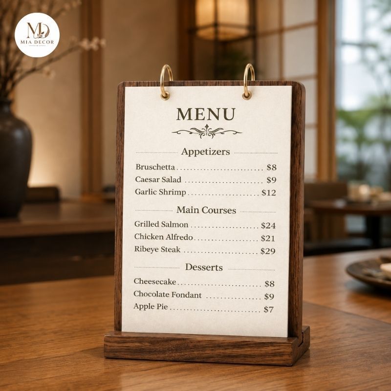 Menu Lưng Gỗ A3 A4 A5 Khuyên Đồng – Bảng Menu Lật Trang Để Bàn, Cầm Tay, Quán Cafe, Nhà Hàng