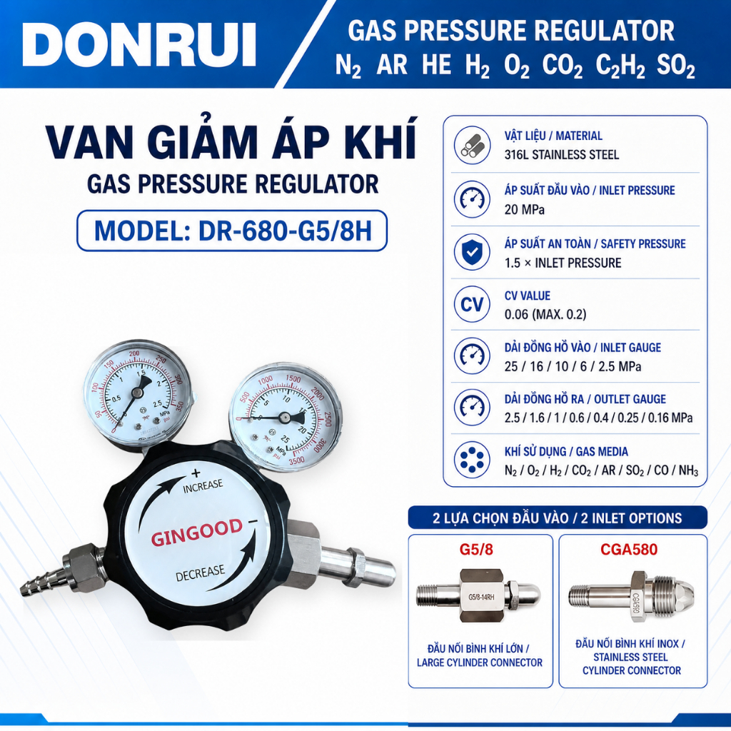 Van Giảm Áp Khí DONRUI DR-680-G5/8H Inox 316L Đồng hồ giảm áp Dùng Cho N₂ O₂ H₂ CO₂ Ar SO₂ CO NH₃