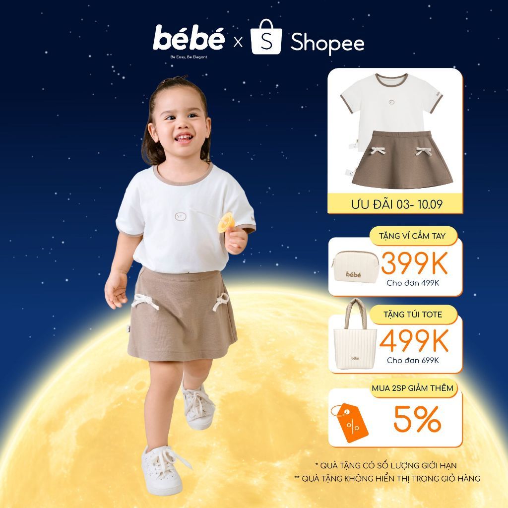Set Bé Gái BéBé Áo Thun Icon và Chân Váy A Đính Nơ