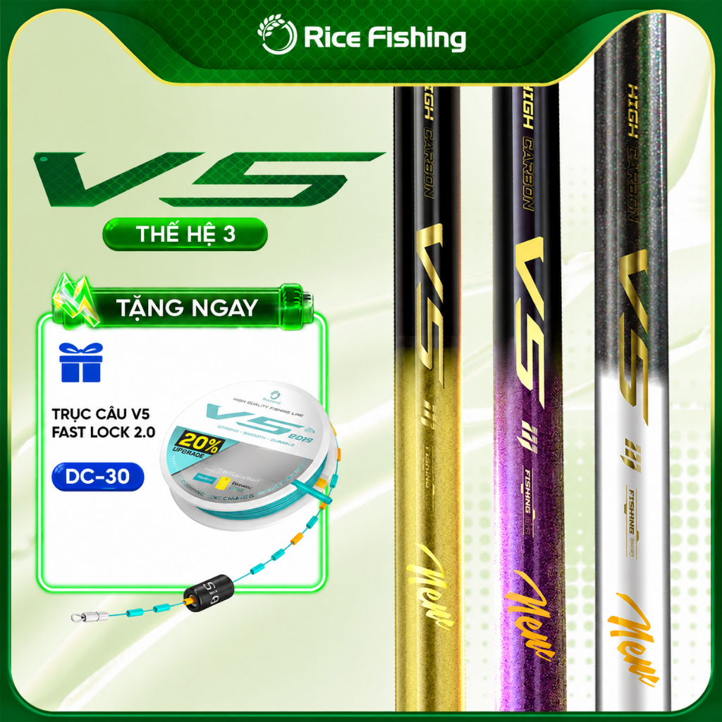 Cần câu đài V5 Thế hệ 3 Rice Fishing carbon 30T & 40T phiên bản 2025