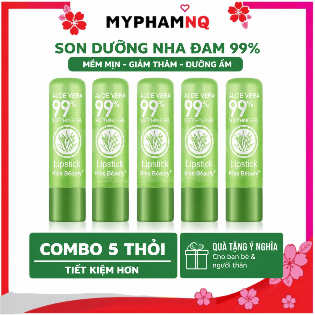 Combo 5 Son Dưỡng Môi Kiss Beauty Aloe Vera 99% Dạng Thỏi – Son Dưỡng Nha Đam Có Hiệu Ứng Hồng Mypha