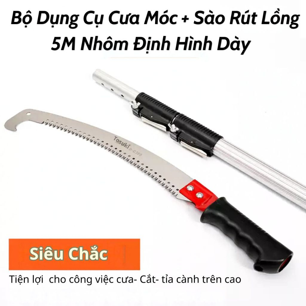 Sào nhôm dày chịu lưc rút lồng 5m - thanh sào kết hợp cụng cụ kéo, cưa, lồng hái trái trên cao