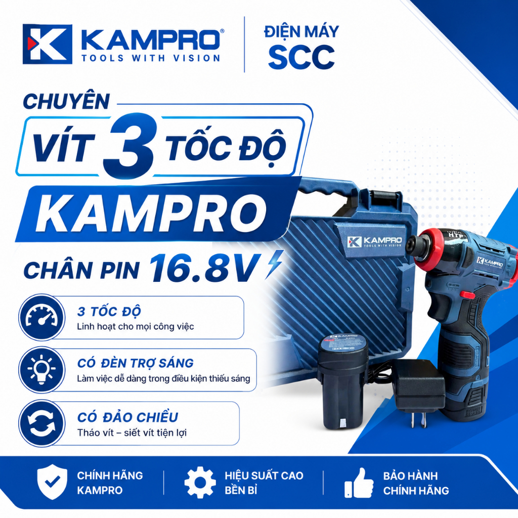 Máy Chuyên Vít Kampro 7028 - Không Chổi Than, 3 Tốc Độ, Lực Siết 140N.m, Dùng Pin 4 Cell