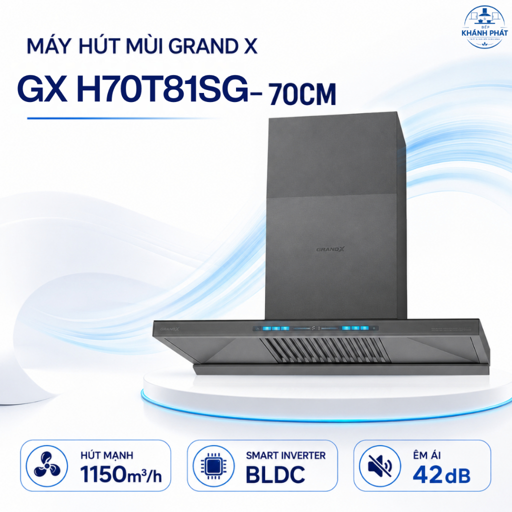 Máy Hút Mùi Kính Vát GrandX GX H70T81G 70cm Smart Inverter BLDC 1150m³/h Siêu Êm Chính Hãng