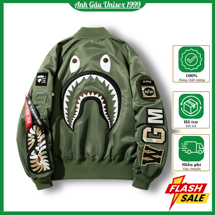 Áo Bomber Xanh Rêu Nam WGM Bape, Chất kaki Gió Khoá Zip Hàng QC