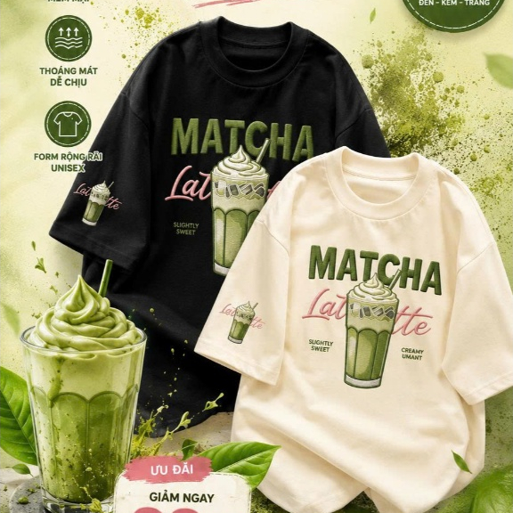 Áo Thun Unisex Matcha Latte Oversize Nam Nữ, Áo Phông Cotton Mềm Mát In Hình Matcha Cá Tính, Form Rộ