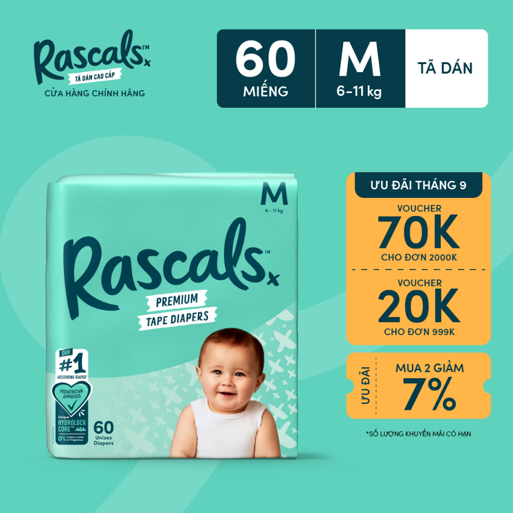 Tã/Bỉm Dán Rascals Size M (6-11kg) 60 miếng