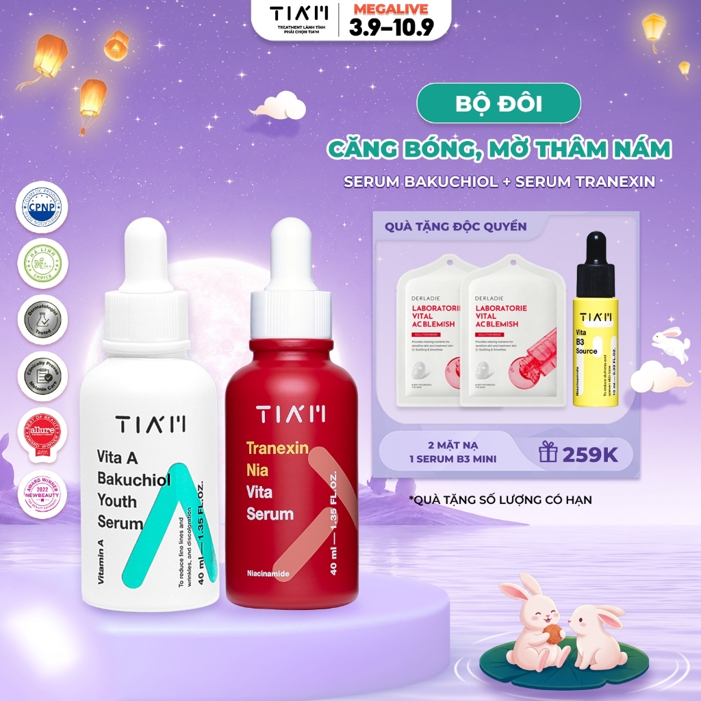 Bộ Đôi Serum Dưỡng Trắng Và Chống Lão Hoá Da Tia'm Tranexin Nia Vita Serum 40ml + Tia'm Bakuchiol Yo