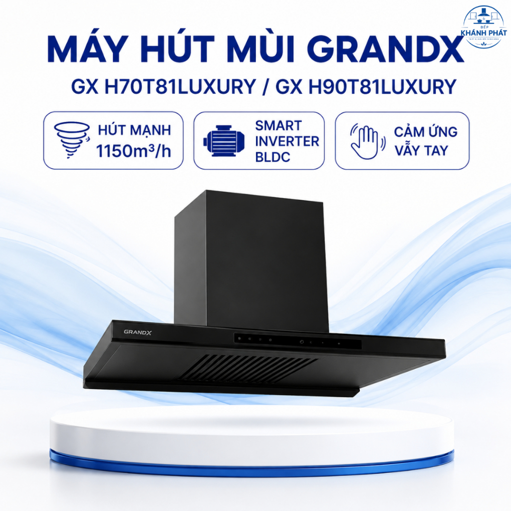 Máy Hút Mùi GrandX GX H70T81Luxury/GX H90T81Luxury, Chữ T Áp Tường, Inverter BLDC, Hút 1150m³/h, Vẫy