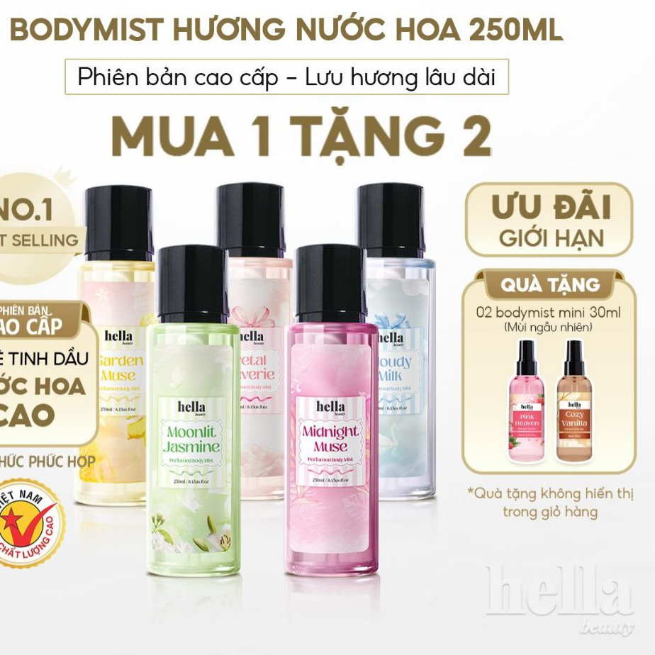 Xịt thơm body mist hương nước hoa cao cấp Hella Beauty 250ml lưu hương lâu hơn không nồng gắt bết dí