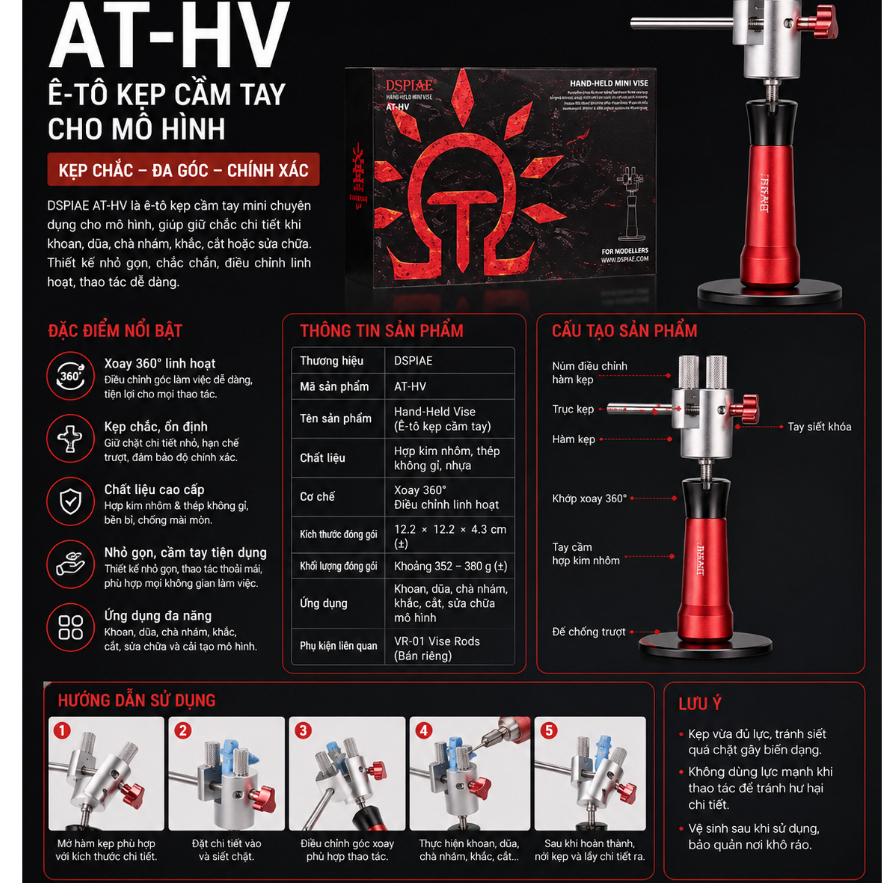 DSPIAE AT-HV Kẹp Mini Cầm Tay Cao Cấp – Giá Đỡ Chi Tiết Model, Sơn Airbrush & Panel Line Precision