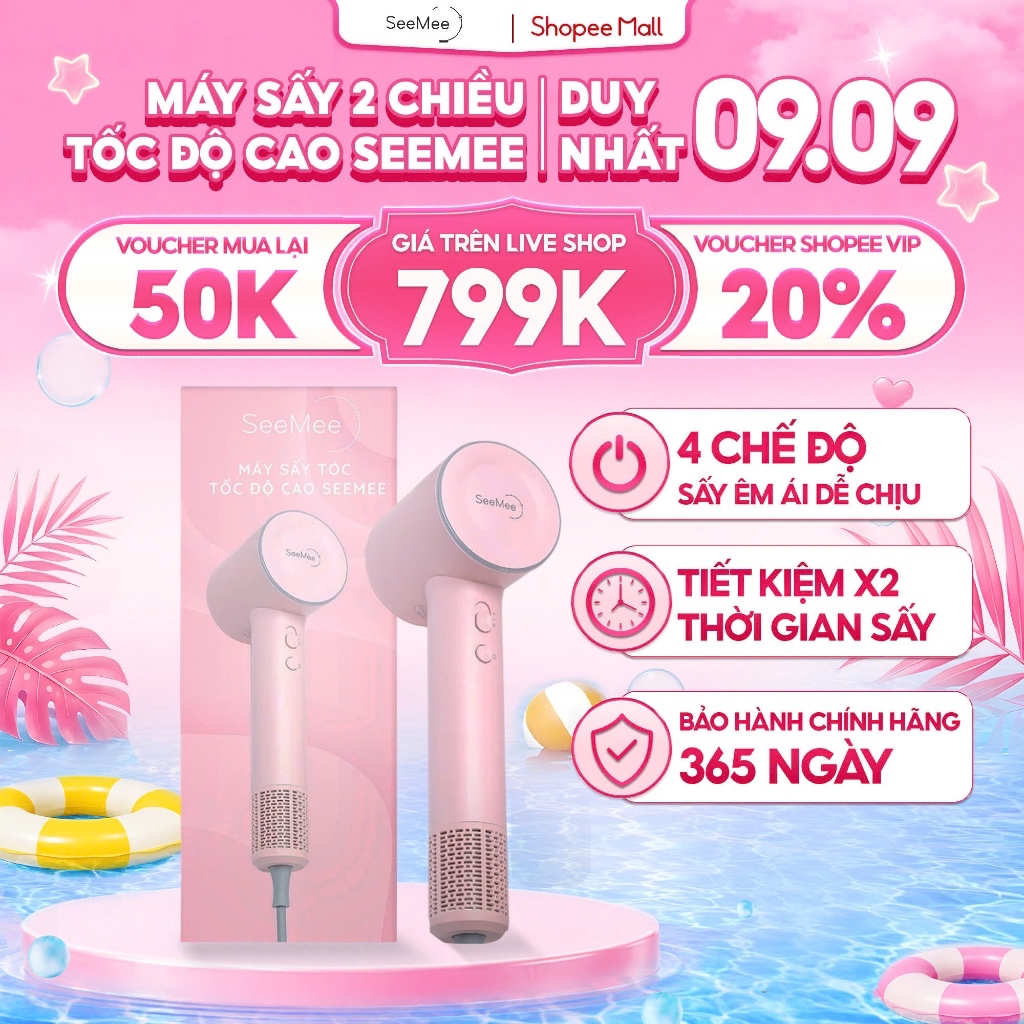 [GIÁ 818K TẠI LIVE SHOP] Máy sấy tóc 2 chiều Seemee tốc độ cao giúp tóc nhanh khô, bóng mượt tức thì
