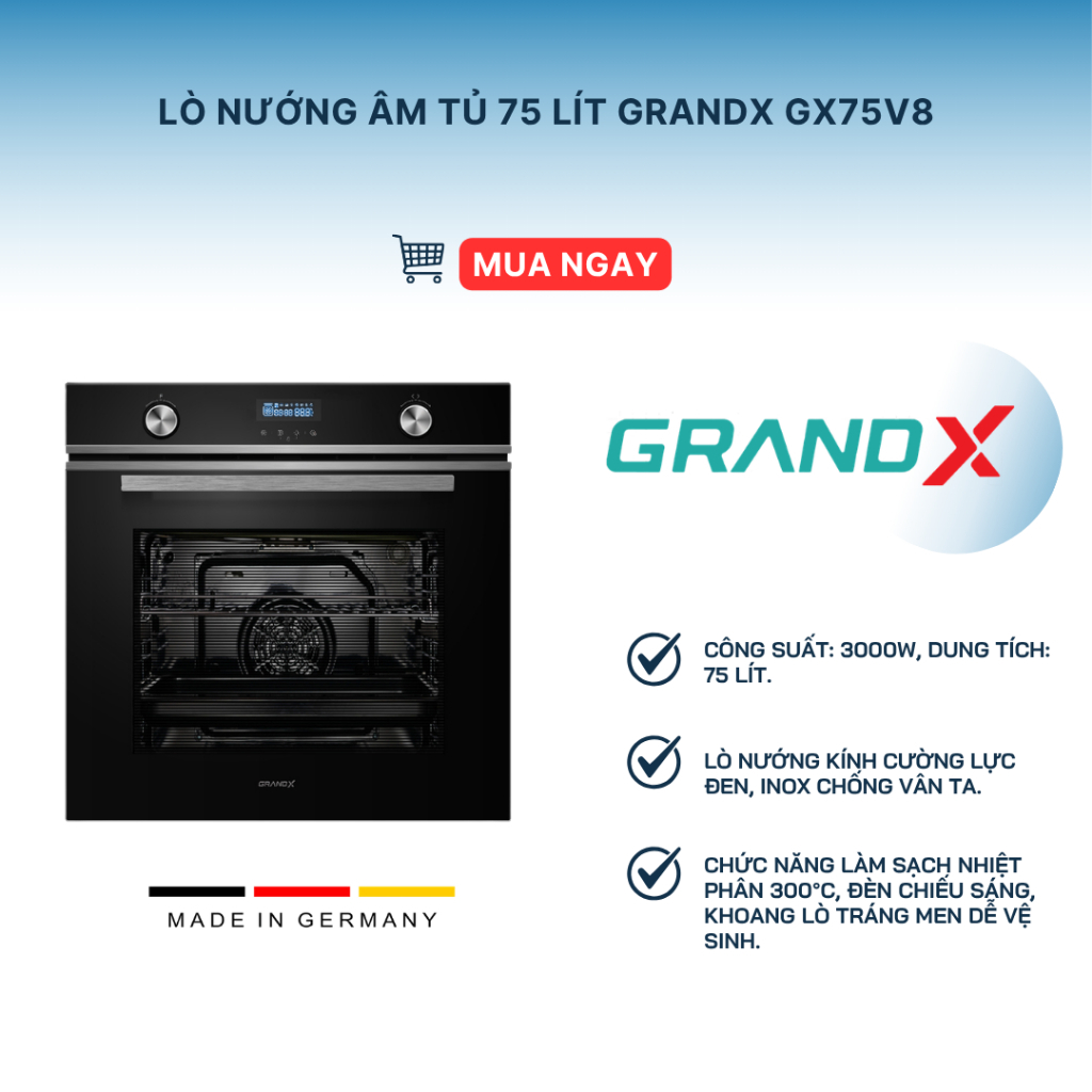 Lò Nướng Âm Tủ GrandX GX75V8 75L - Công Nghệ Đối Lưu 360° Giúp Nhiệt Phân Bổ Đều