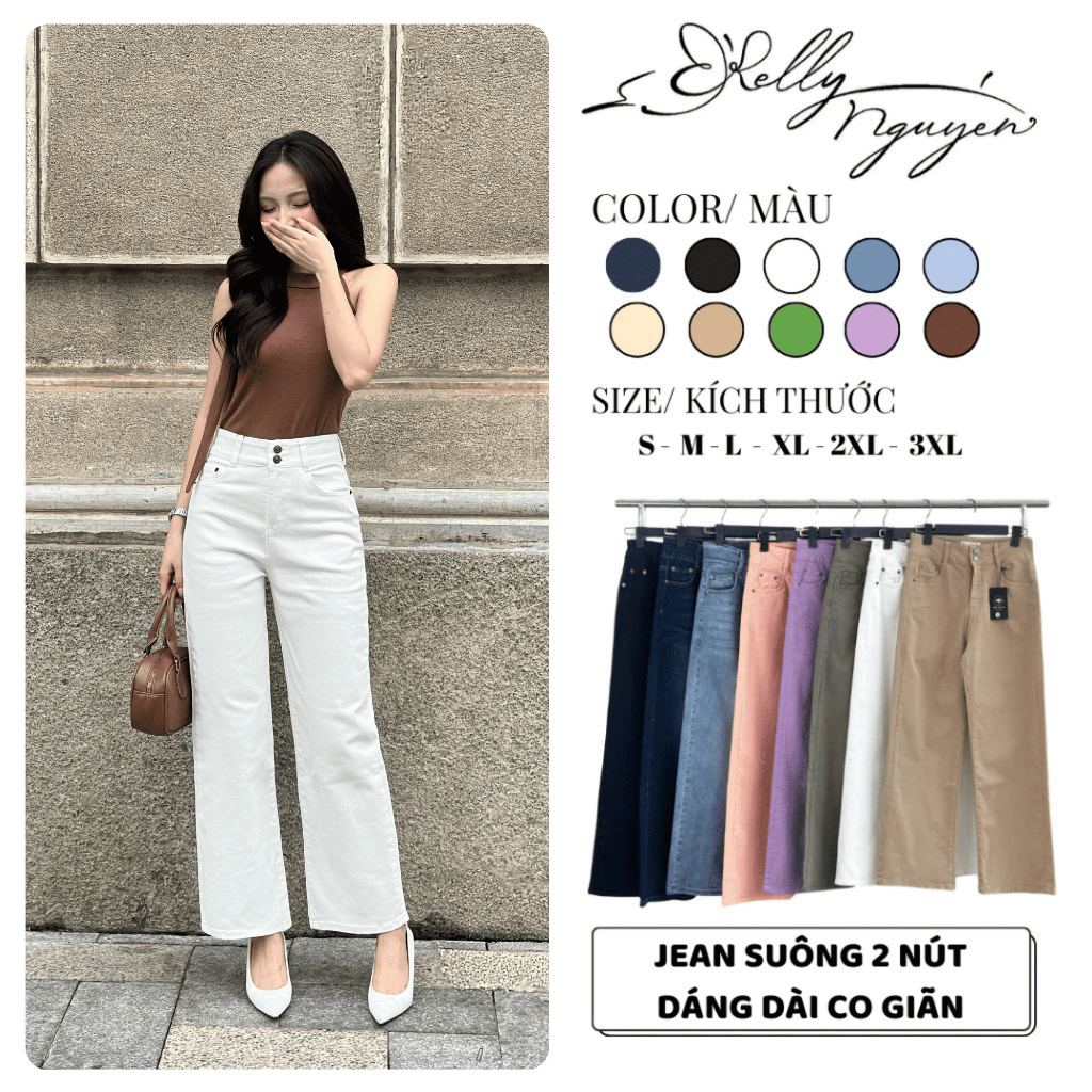 Quần jean nữ ống suông KELLY NGUYỄN cạp cao tôn dáng, chất jean co giãn thoải mái | QJN003