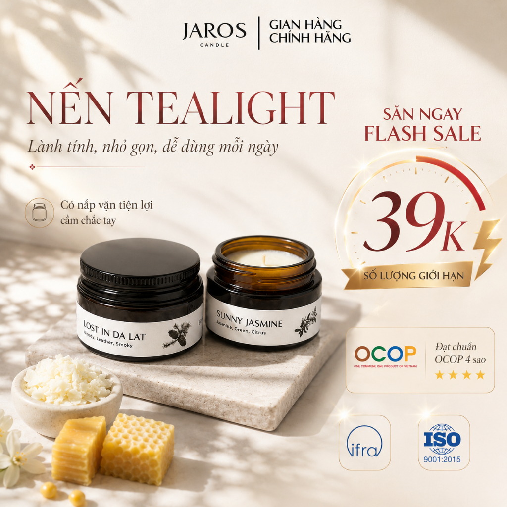 Nến Thơm Lành Tính JAROS CANDLE TEALIGHT Từ Sáp Tự Nhiên OCOP 4 Sao Hương Thư Giãn