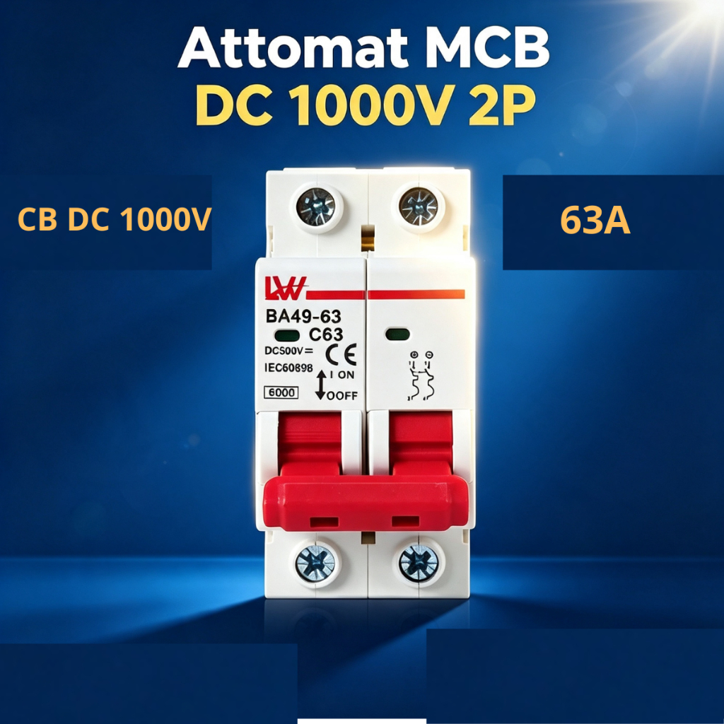 Aptomat MCB DC 1000V 2p Át DC 1000V 2P 63A Bộ ngắt mạch một chiều Năng Lượng Mặt Trời MCB-63/2P DC 1