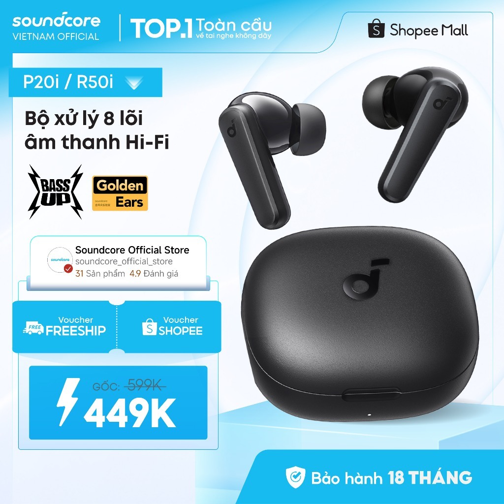 Tai nghe bluetooth soundcore R50i (P20i) siêu nhỏ gọn | 30 giờ phát nhạc | Chống nước IPX5 | Tích hợp phiên dịch