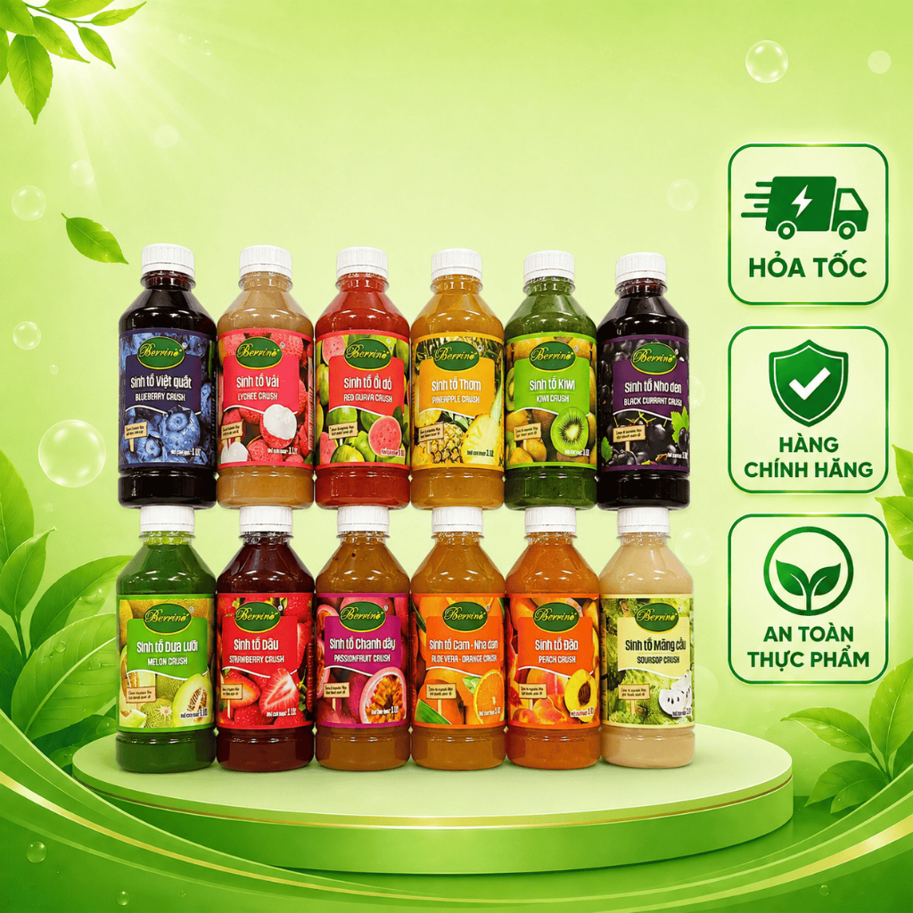 Sinh Tố Berrino 1L Nhiều Vị – Dâu, Đào, Chanh Dây, Việt Quất, Mãng Cầu, Dưa Lưới, Kiwi, Ổi Hồng, Xoà