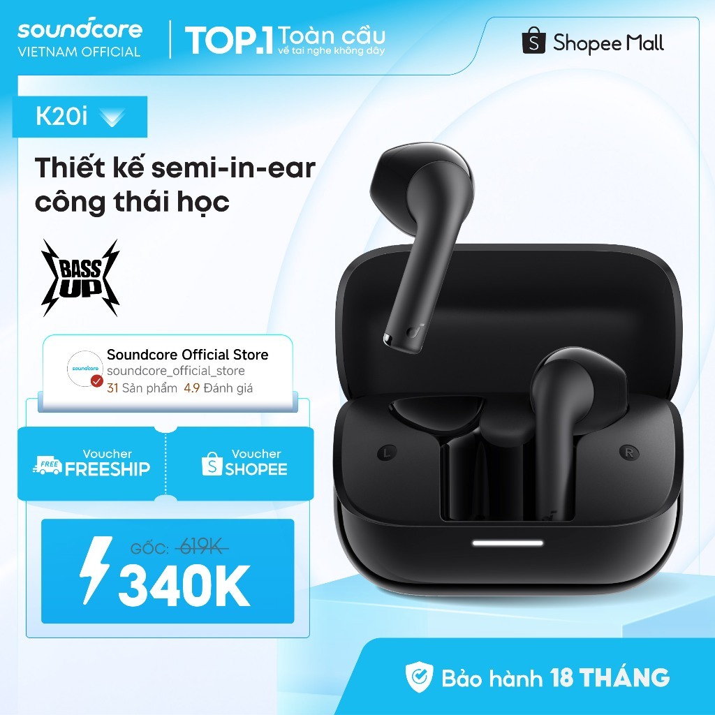 Tai nghe bluetooth Semi In-Ear soundcore K20i | Siêu gọn nhẹ | Chống nước IPX5 | Tích hợp phiên dịch