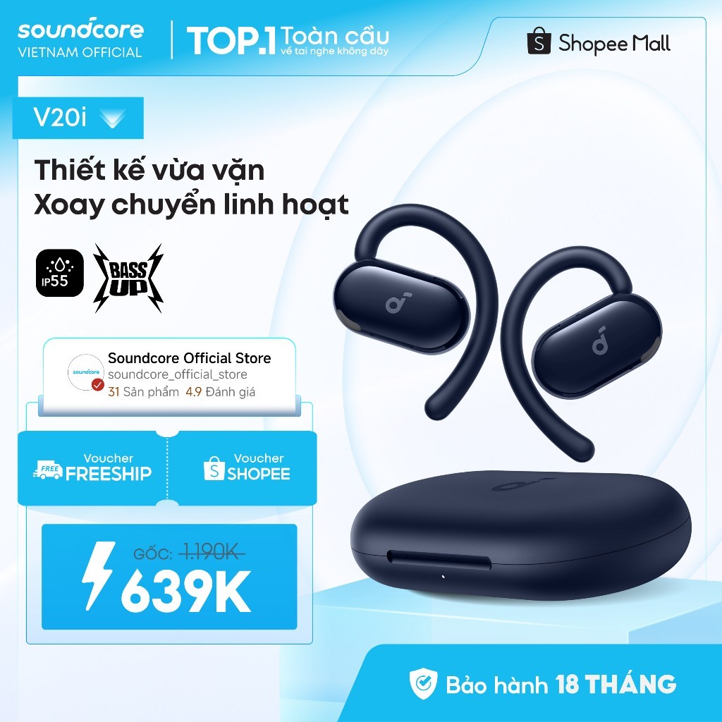 Tai nghe bluetooth Open-Ear soundcore V20i thiết kế mở | Siêu gọn nhẹ | Chống nước và bụi IP55 | Tích hợp phiên dịch