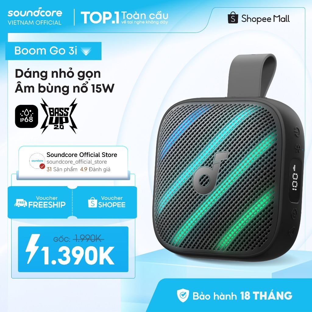 Loa bluetooth Soundcore Boom Go 3i | Pin 24h | Công suất 15W | Đèn LED 6 chế độ