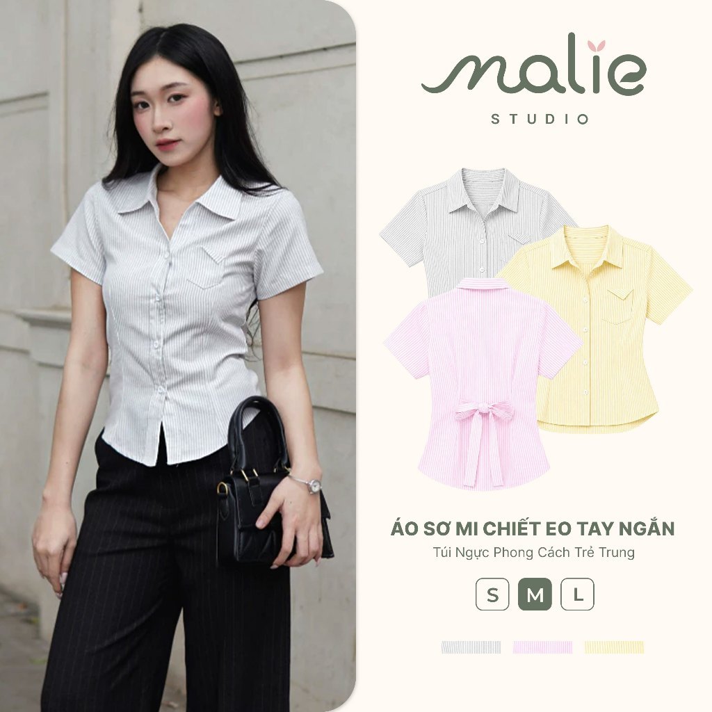 Áo Sơ Mi Nữ Chiết Eo Tay Ngắn Có Túi Ngực Phong Cách Trẻ Trung Hàn Quốc Malie Studio SM028