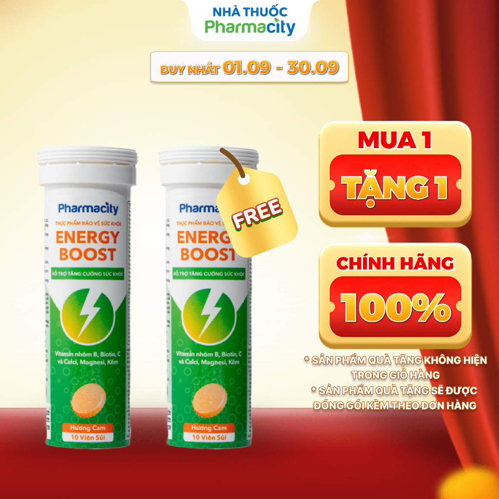 Viên sủi Pharmacity Energy Boost hương cam hỗ trợ tăng cường sức khỏe (Tuýp 10 viên)