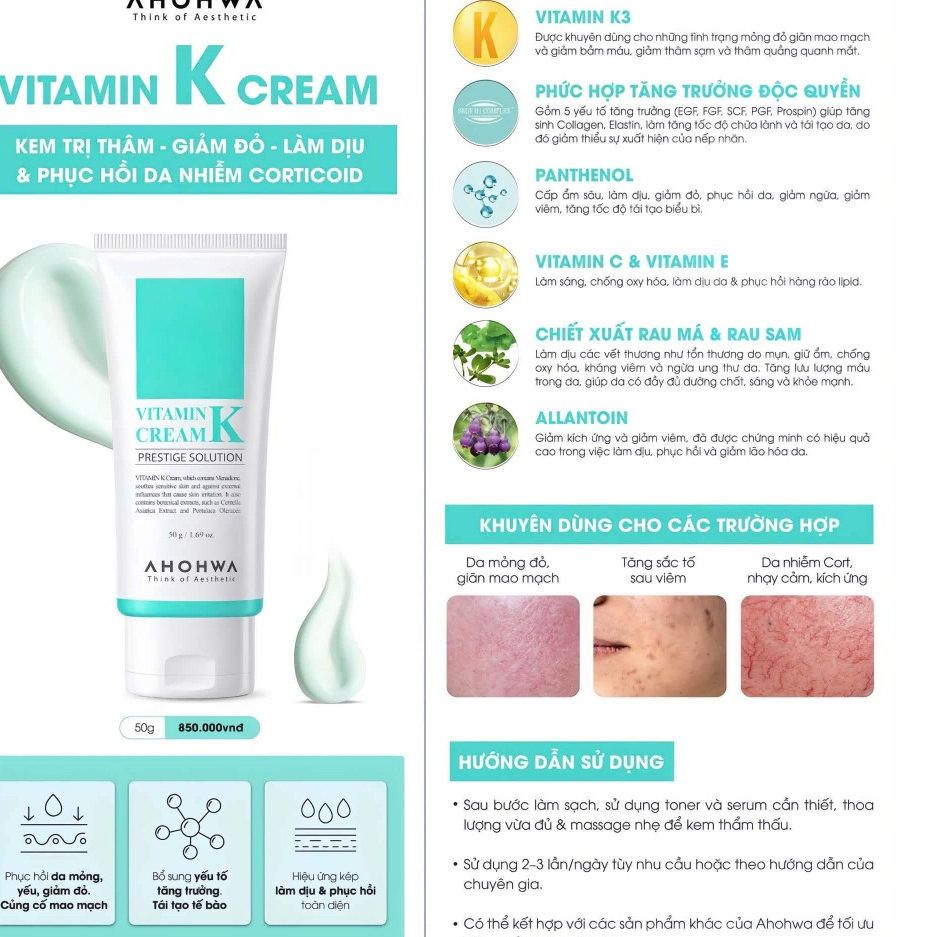 Ahohwa Vitamin K Cream 50g – Kem Dưỡng Vitamin K Hỗ Trợ Giảm Đỏ, Giảm Thâm, Phục Hồi Da Mỏng Yếu