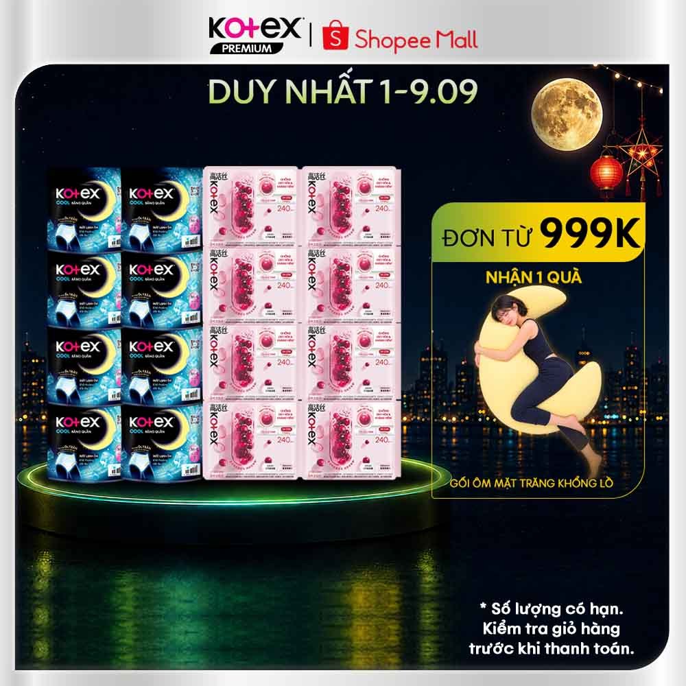Combo 16 gói băng vệ sinh siêu tiết kiệm: 8 gói Kotex Cranberry kháng viêm + 8 gói băng quần Kotex B